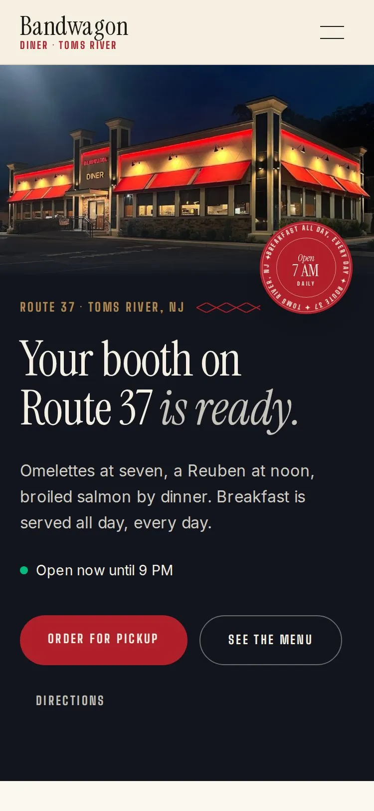 Bandwagon Diner's new website on a phone: the diner at night, whether it's open right now, and Order for Pickup and See the Menu buttons