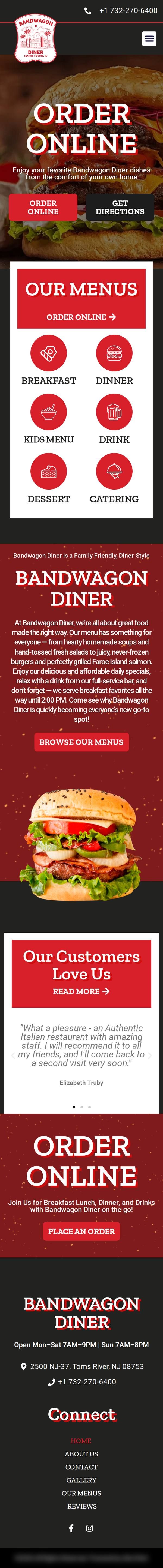 Bandwagon Diner's old website on a phone: a close-up burger photo under Order Online, with the menus behind a button further down