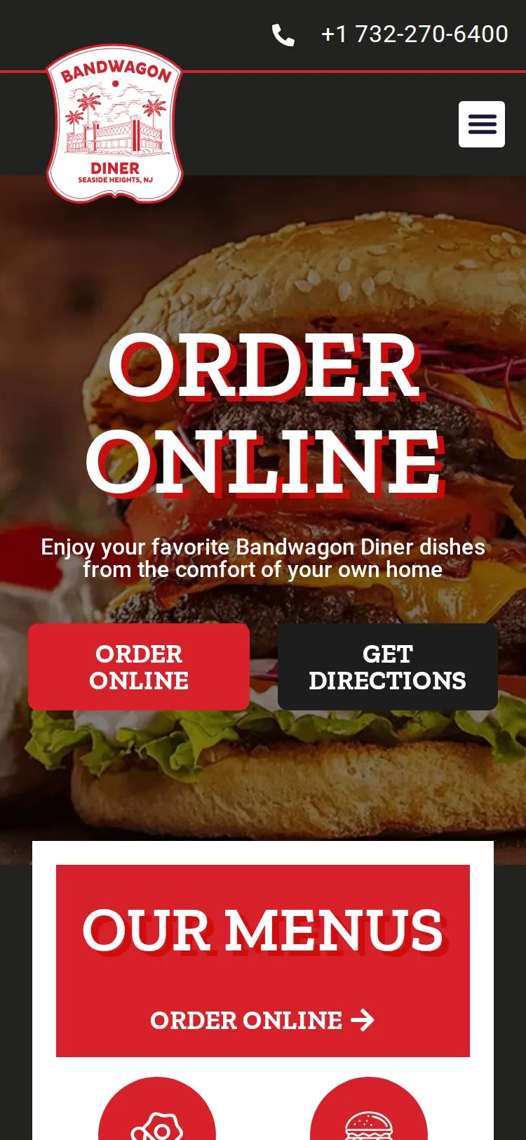 Bandwagon Diner's old website on a phone: a close-up burger photo under Order Online, with the menus behind a button further down
