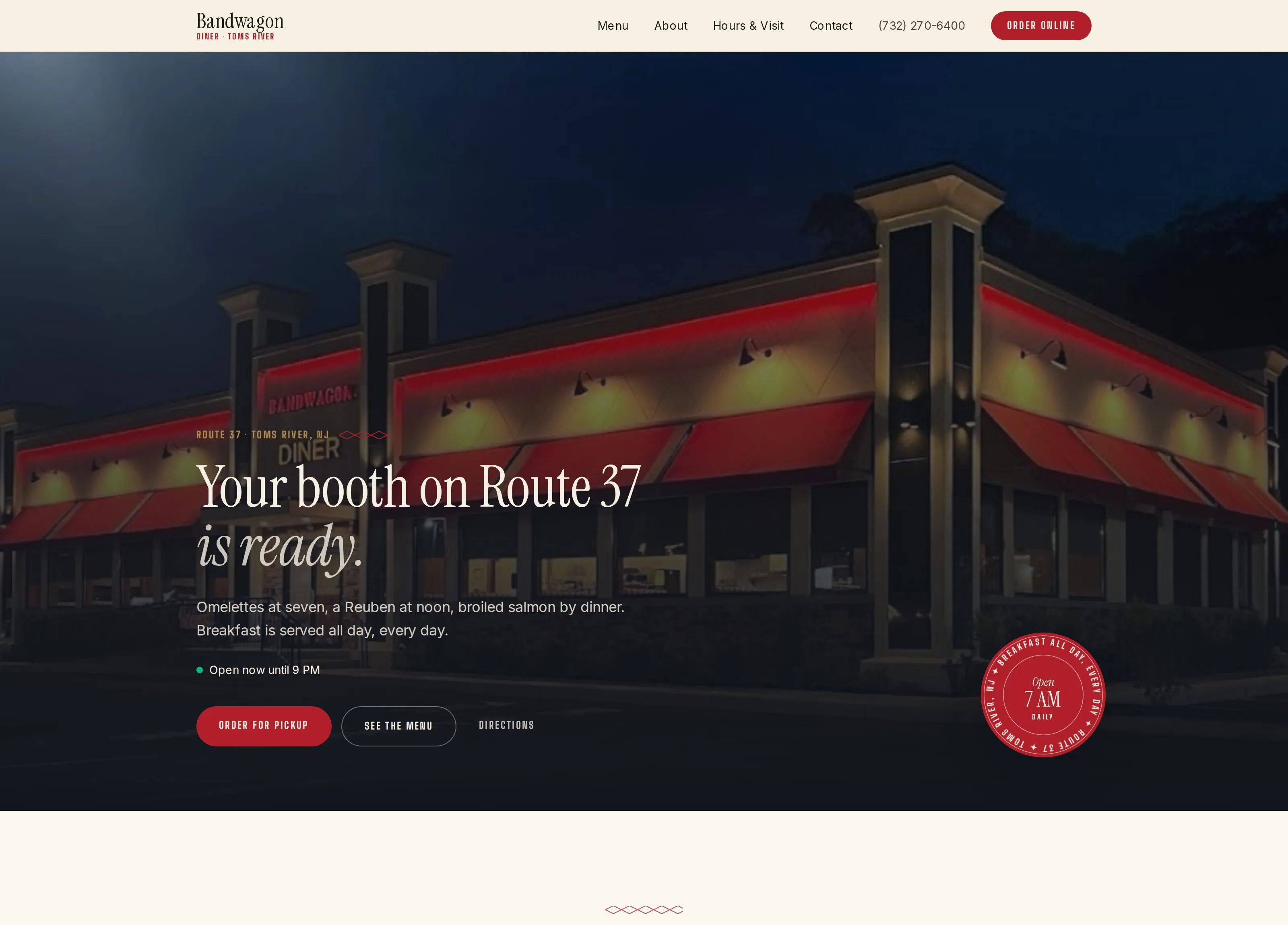 Bandwagon Diner home page: the diner at night under its red awnings, with Order for Pickup and See the Menu buttons