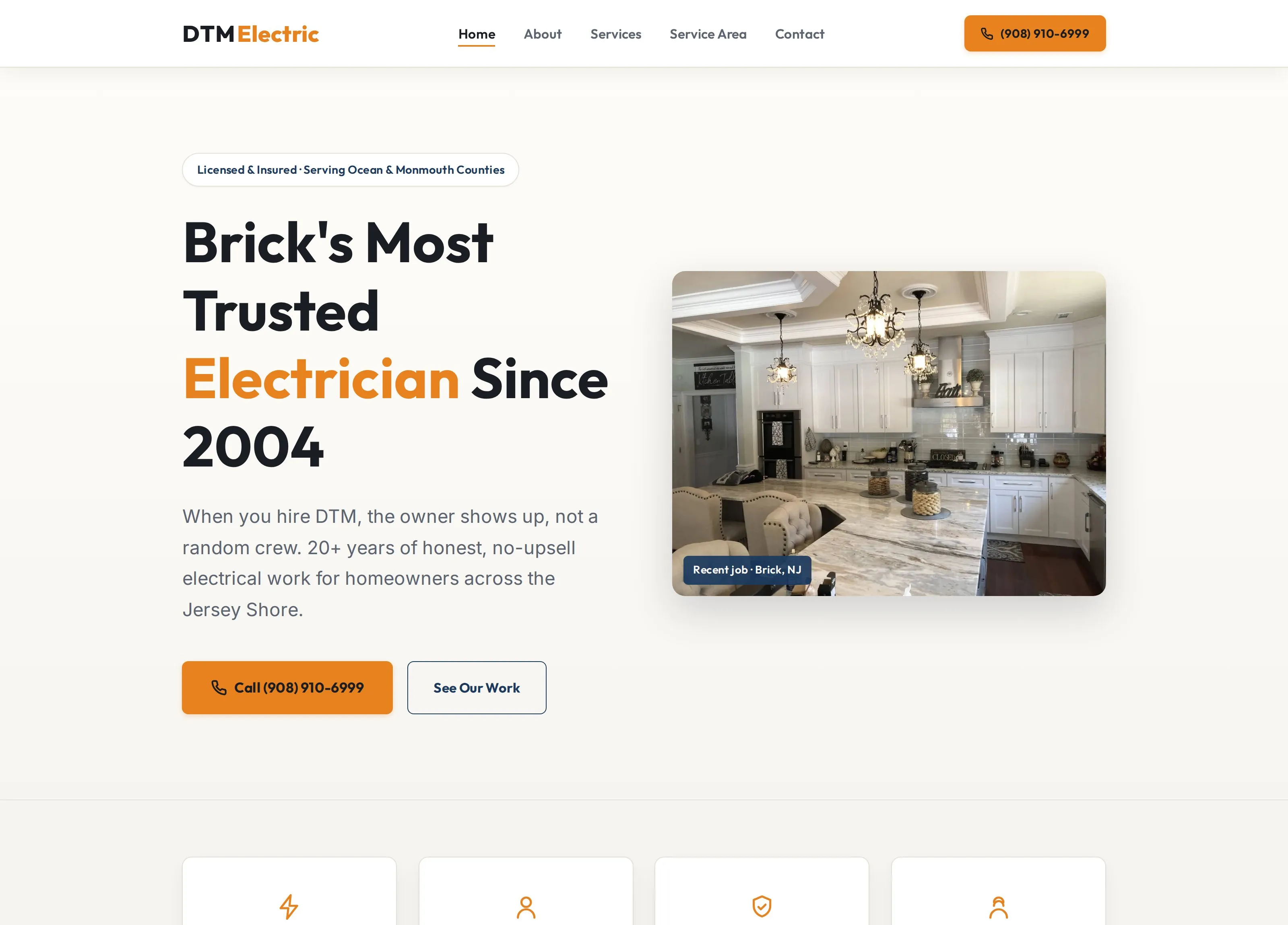 DTM Electric home page: Brick's most trusted electrician since 2004, with a photo of a recent kitchen job