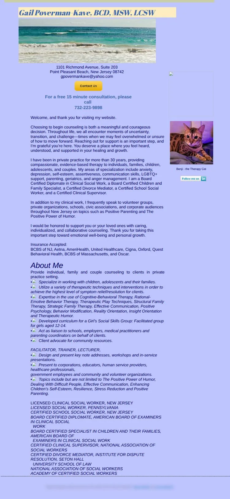 Gail's old website on a phone: the whole desktop page shrunk to fit the screen, so the text is too small to read without zooming in