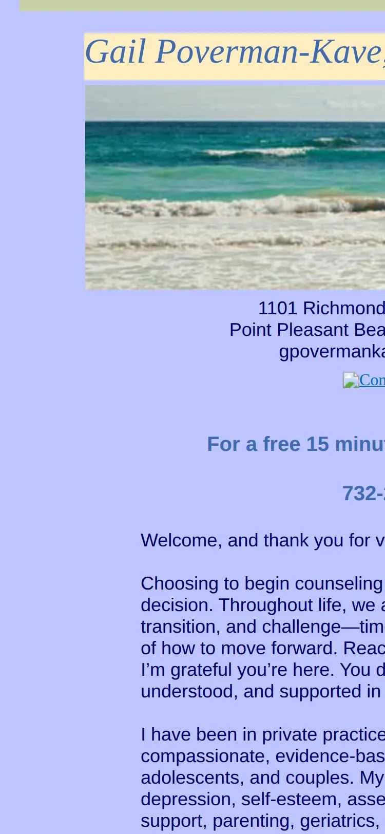 Gail's old website on a phone: the text runs off the right edge and the contact button is a broken image