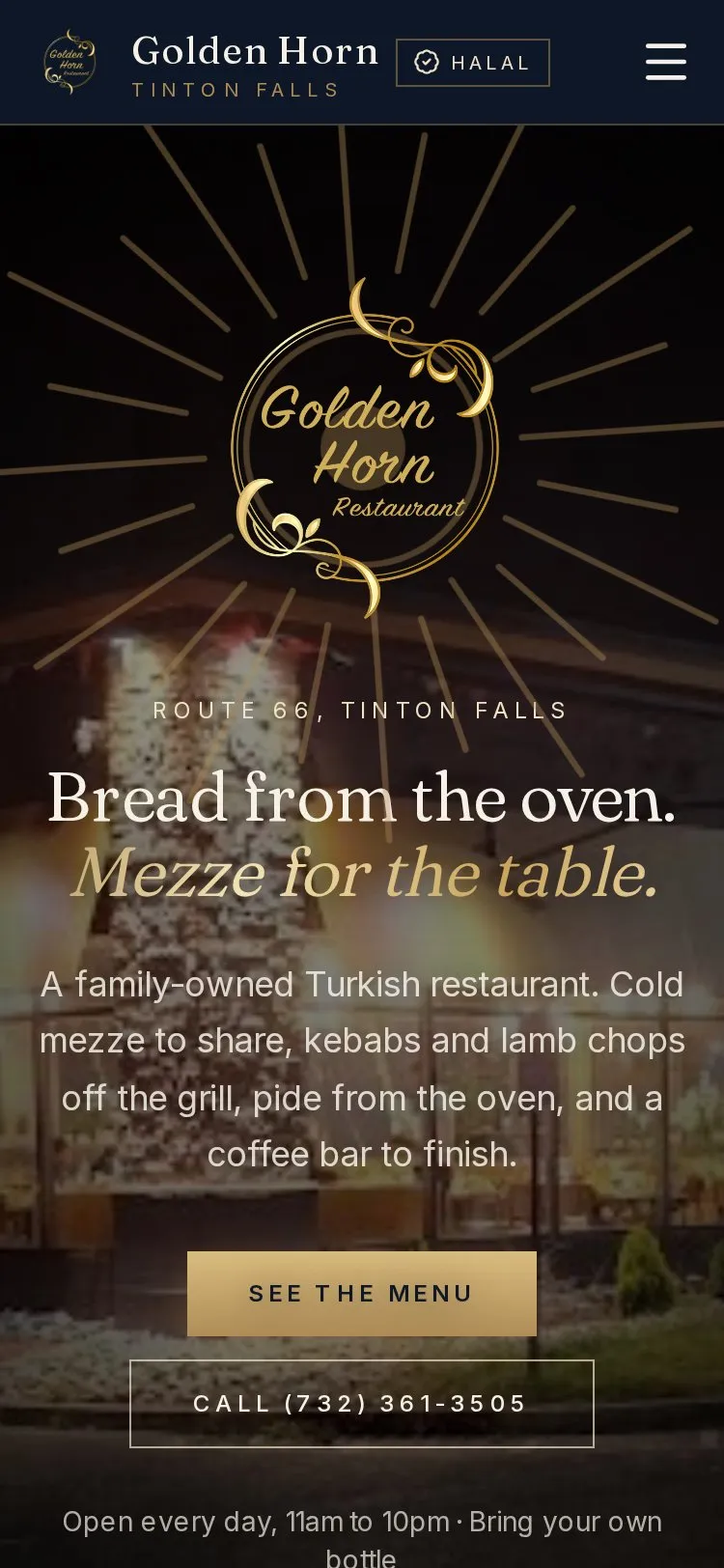 Golden Horn's new website on a phone: the logo, 'Bread from the oven. Mezze for the table.' and a menu button