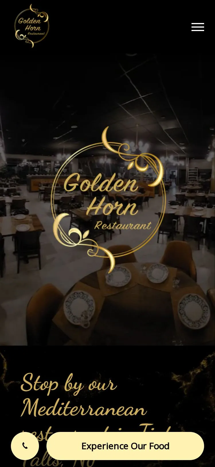 Golden Horn's previous website on a phone: the logo over a dark photo of the dining room, a script headline, and call and Experience Our Food buttons
