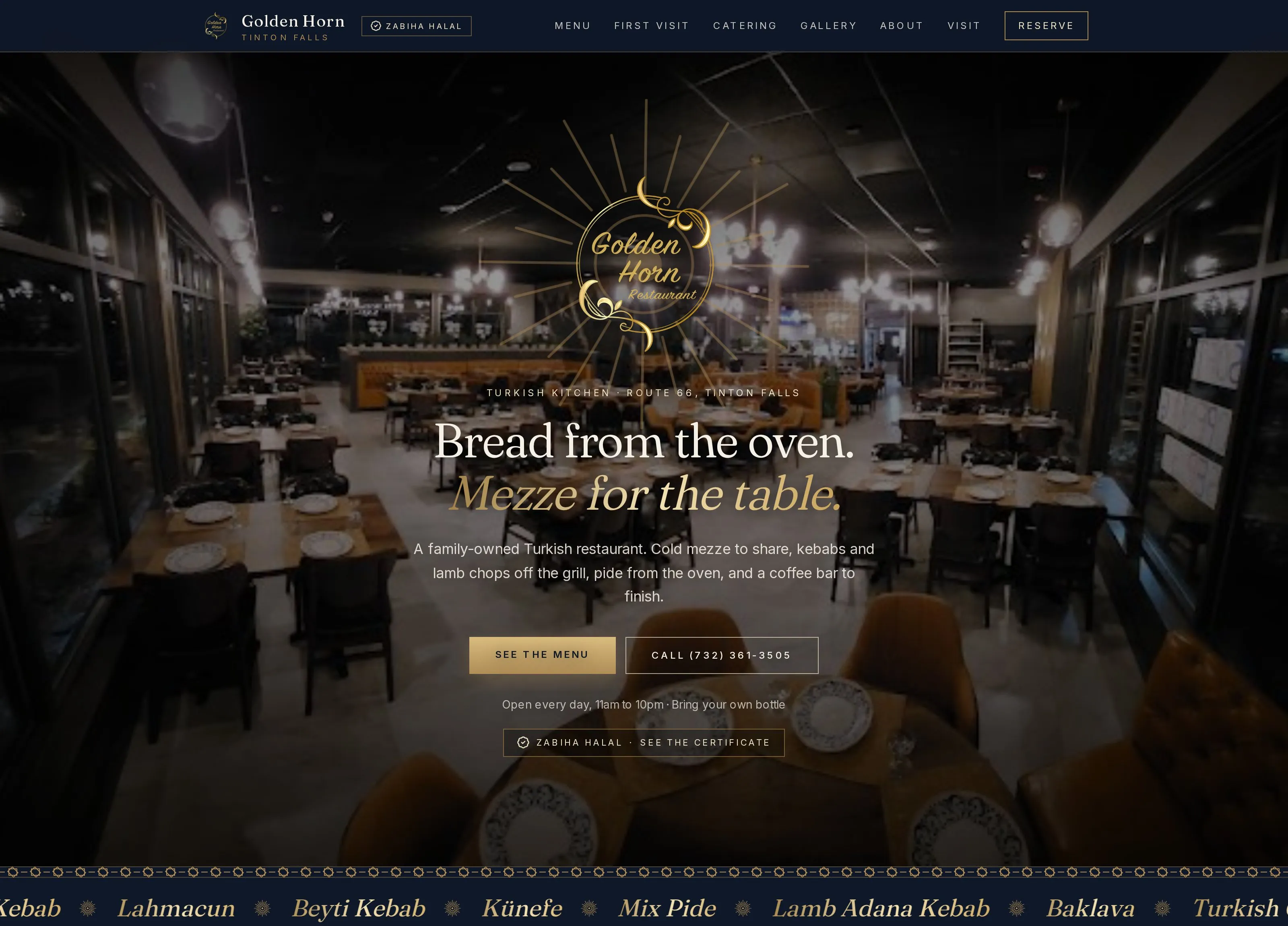 Golden Horn's new home page: the dining room at night behind the gold logo, with See the Menu and Call buttons