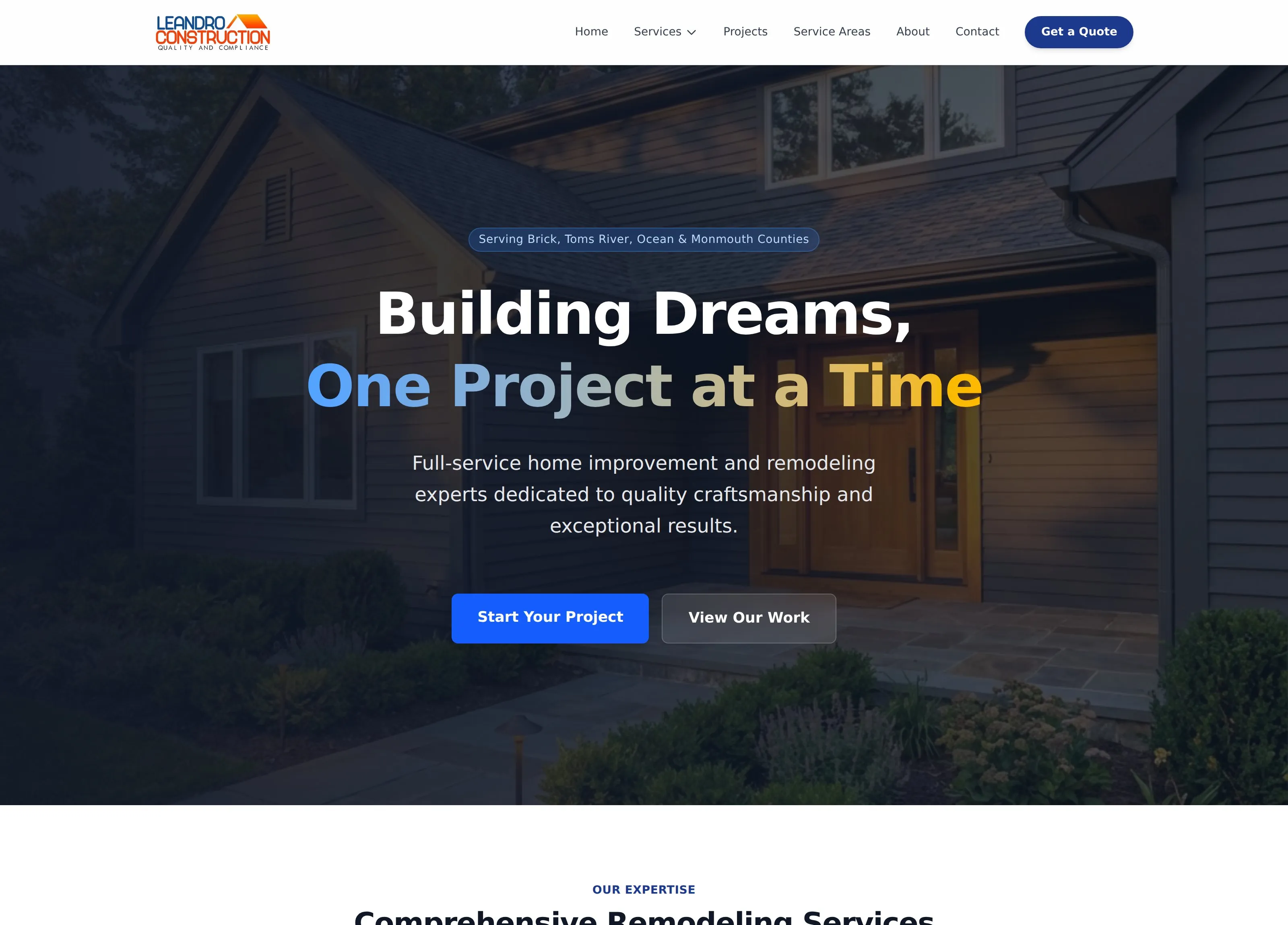Leandro Construction home page: a house at dusk, serving Brick, Toms River, Ocean and Monmouth Counties