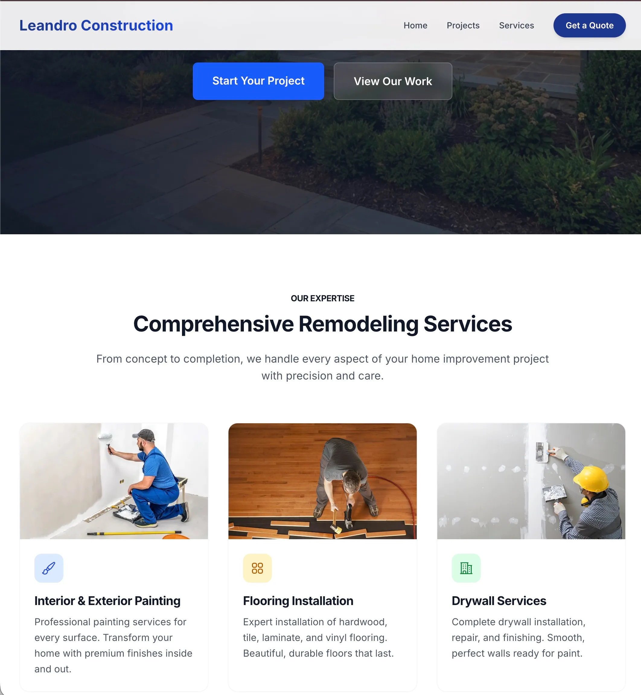 Leandro Construction Website Screenshot