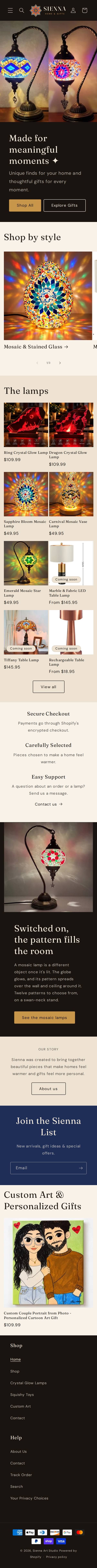 Sienna's home page on a laptop: two lit mosaic lamps behind the headline Made for meaningful moments, with Shop All and Explore Gifts buttons