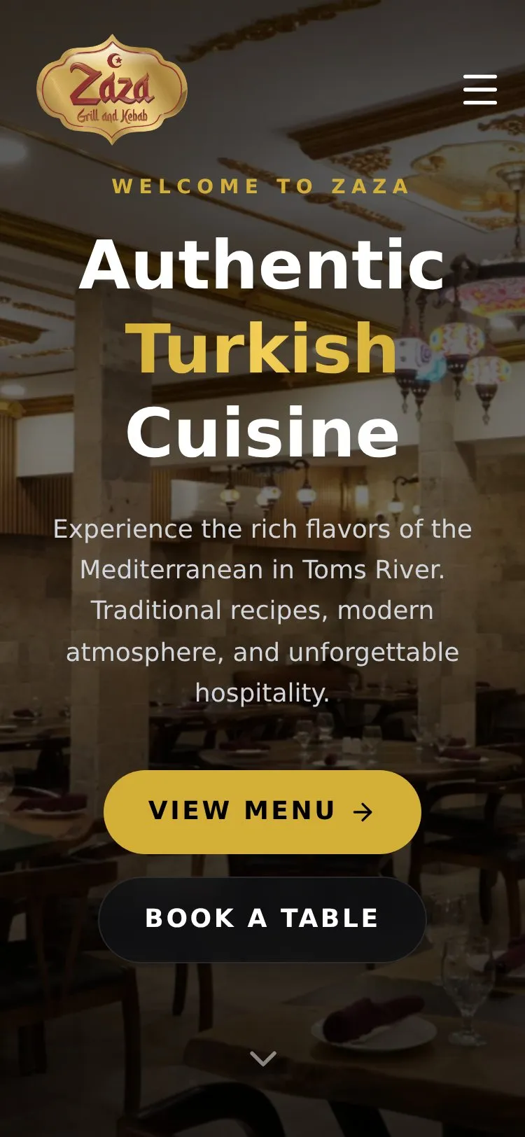 Zaza's new website on a phone: the restaurant's own dishes, with buttons to see the menu and reserve a table