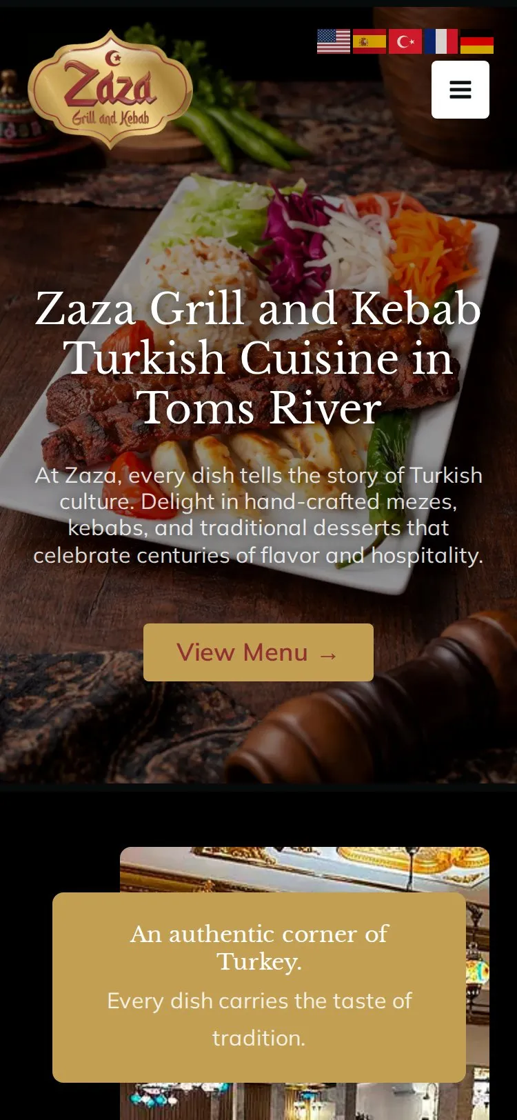 Zaza's old website on a phone: a close-up of a plated dish behind the restaurant's name and a View Menu button
