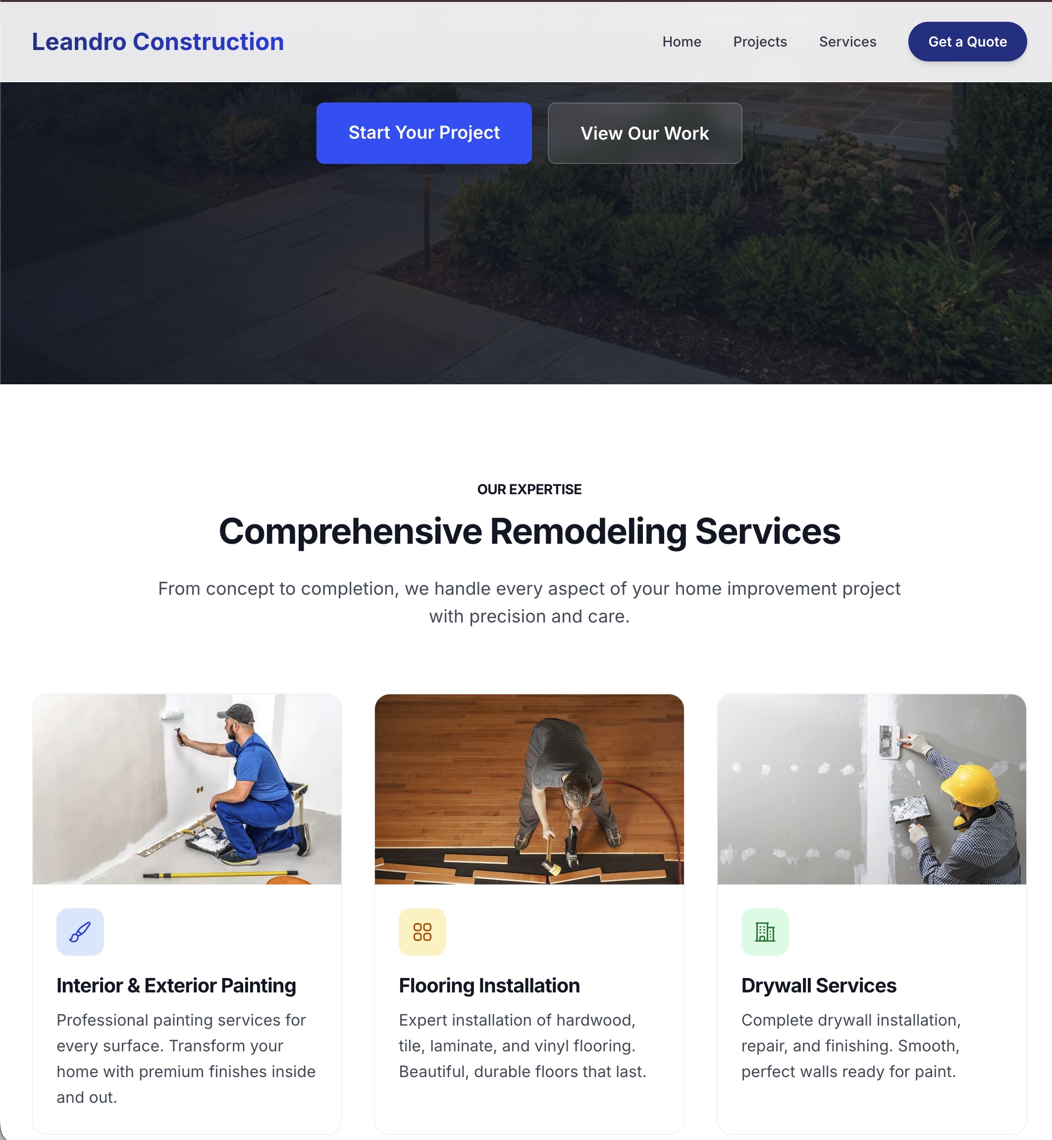 Leandro Construction Website Screenshot